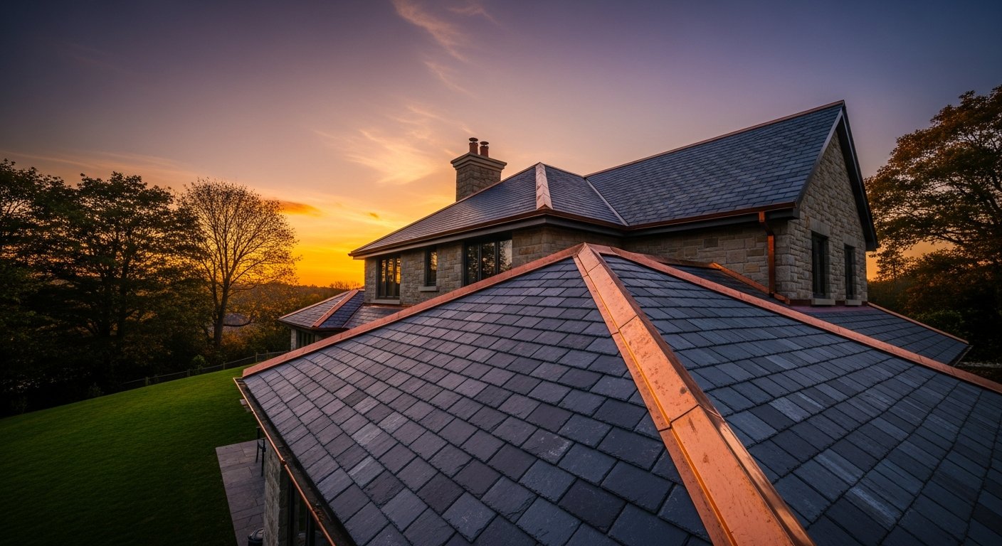 Freshly completed slate tile rooftop on a traditional red-brick semi-detached house in St Helens with a roofer inspecting work on scaffolding